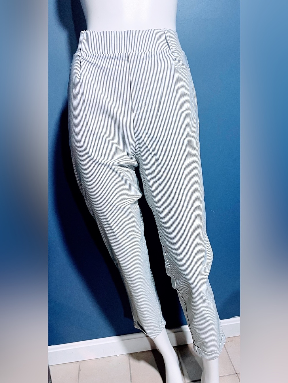 Striped Light Blue/Gray & White Women’s Casual Cuffed Pants